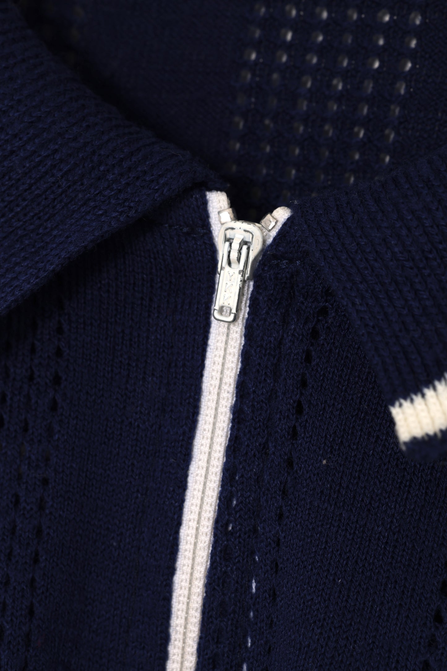 1960s, Pointelle Knit Riviera Polo with Talon Zip, Tipped Collar, Eyelet Columns