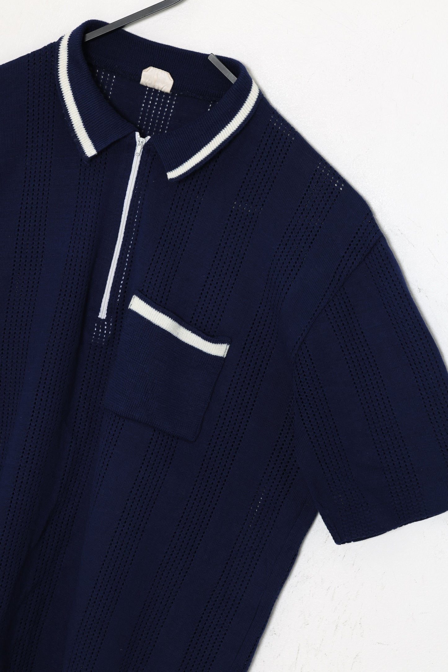 1960s, Pointelle Knit Riviera Polo with Talon Zip, Tipped Collar, Eyelet Columns