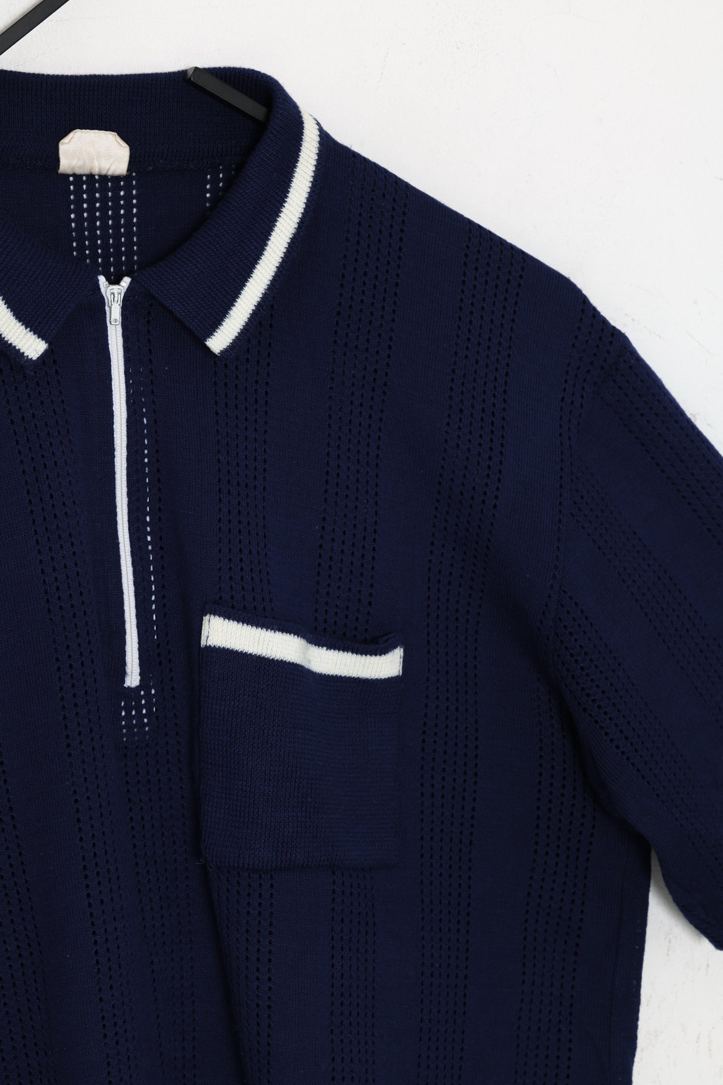 1960s, Pointelle Knit Riviera Polo with Talon Zip, Tipped Collar, Eyelet Columns