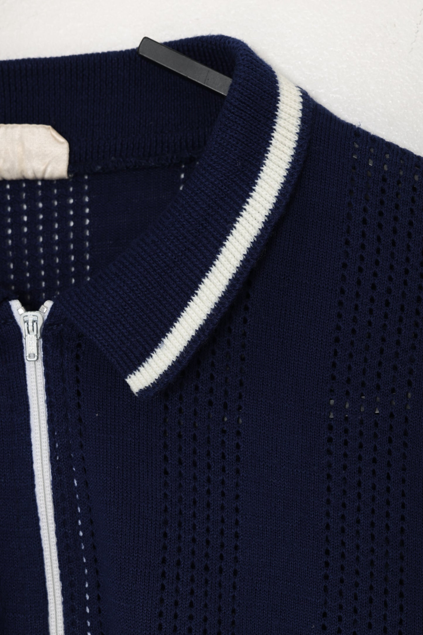 1960s, Pointelle Knit Riviera Polo with Talon Zip, Tipped Collar, Eyelet Columns