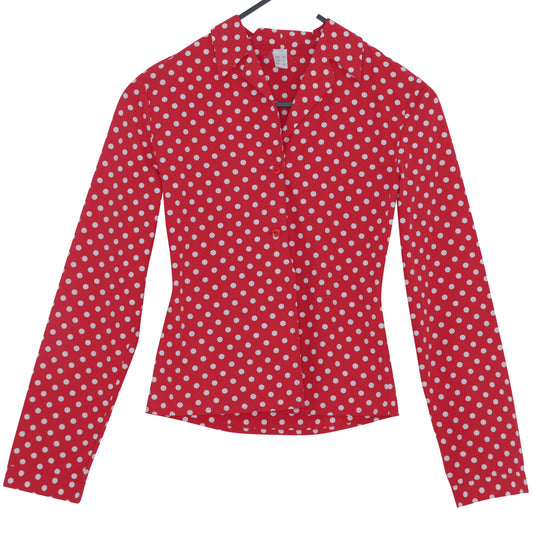 Late-1990s, Fitted Day Blouse in Red Ground Polka-Dot, Waist Suppression