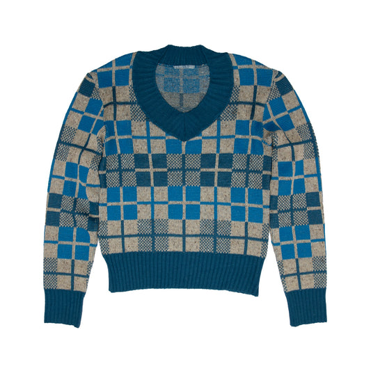 Windowpane Silk Yarn Jacquard Knit Pullover