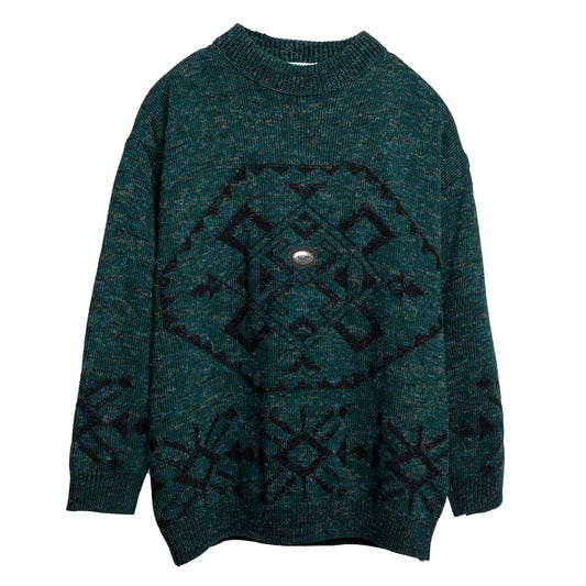 Intarsia Melange Wool 1x1 Rib Knit Studded Jumper