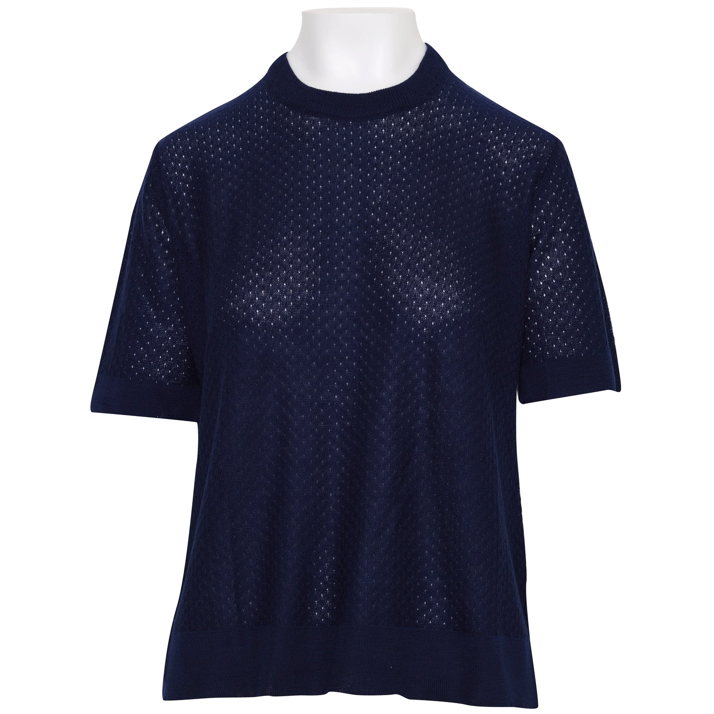 Post-1970 Fine-Gauge Knit Top, Stabilized Neckline, Sleeve Termination, Mesh-Effect