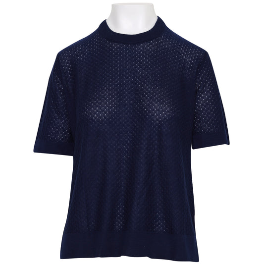 Post-1970 Fine-Gauge Knit Top, Stabilized Neckline, Sleeve Termination, Mesh-Effect