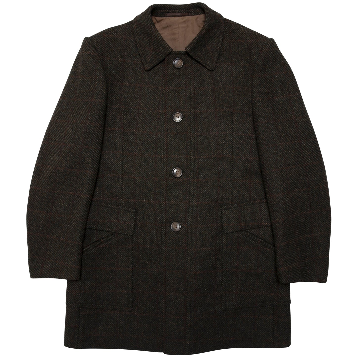 70s Shadow Windowpane Tweed Military Overcoat