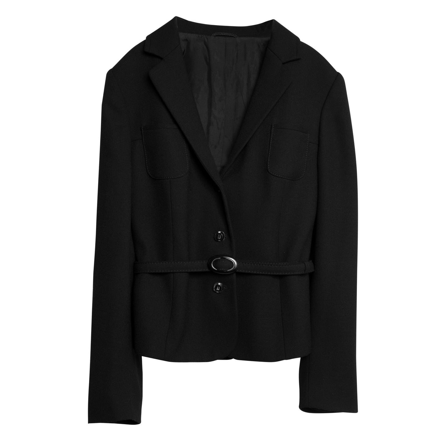 Virgin Wool Crepe Weave Belted Patch Pocket Blazer