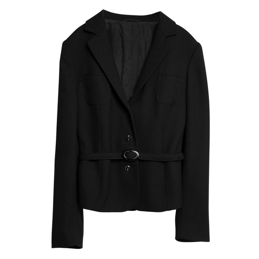 Virgin Wool Crepe Weave Belted Patch Pocket Blazer