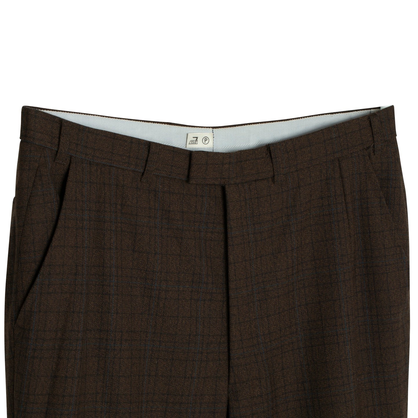 70s, Blue Overcheck, Tapered Leg, Pressed Pleats