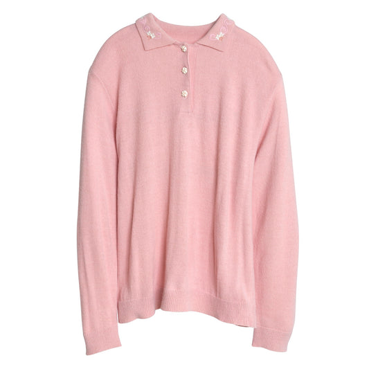 Shetland Wool Interlock Knit Embroidered Polo Sweater