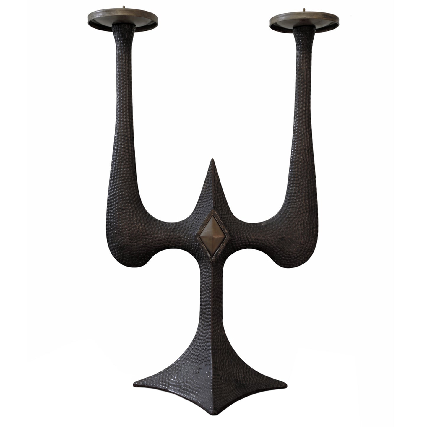 Trident Form, Hammered Copper Alloy Table Candelabrumm, Late-1960s