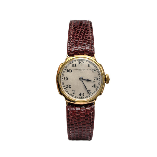 18k Gold Cushion Case, Lizard Leather Strap, Circa 1930